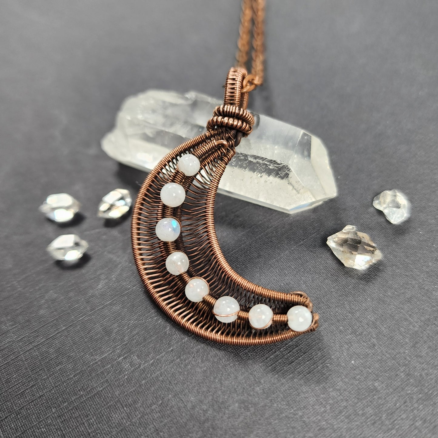 Wire Moonstone and Copper Astral Pendant