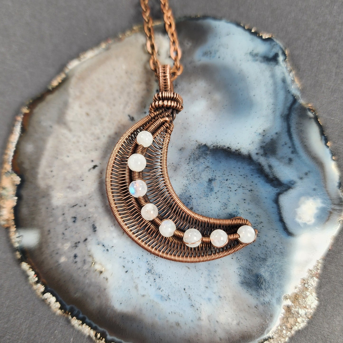 Wire Moonstone and Copper Astral Pendant